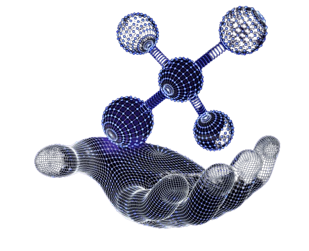 Wireframe hand holding a network of connected nodes
